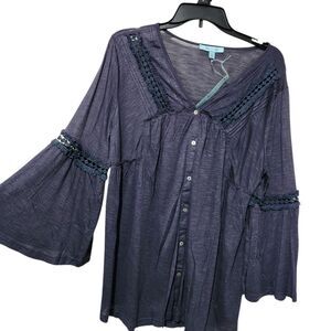 She Sky top Size Large Dark Blue Sheer Lightweight Relax Fit Front Buttons